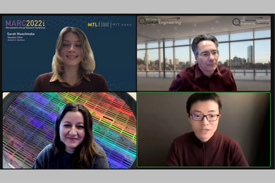 A split screen with four people discussing current and future research.