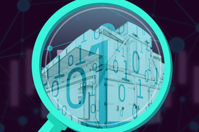 Graphic illustration of the corner of a building seen inside a magnifying glass, with 1s and 0s superimposed.