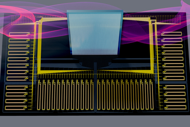 Artist’s rendering of a smart transceiver. The dark blue device has golden pathways and rectangles, which represent the wires that connect the smart transceiver chip to a circuit board. A light blue square covered with thin lines rises from the middle, to represent the smart transceiver chip. The thin lines represent an array of fibers that move light from lasers in and out of the chip.