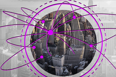 A circular fish-eye photo of a cityscape, with an overlay of pink lines with nodes connecting parts of the city.