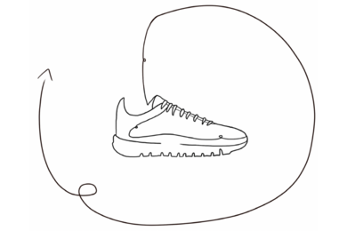 Line drawing of a sneaker with a long, thin arrow pointing out of the shoe and encircling it.