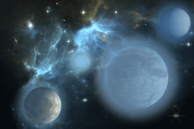 Four planets in space with one having a thinner atmosphere cloud than the rest