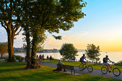 About two dozen people walking, biking, and relaxing in a verdant park next to a lake on a sunny summer day