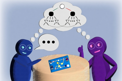 A digital illustration featuring two stylized humanlike figures engaged in a conversation over a tabletop board game.