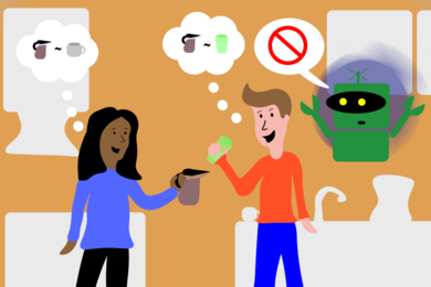 Illustration of a woman with a coffee pot approaching a man with a drinking glass. Both have thought bubbles regarding their intention to fill the glass with coffee. In the background, a robot has a speech bubble with the “no” symbol.