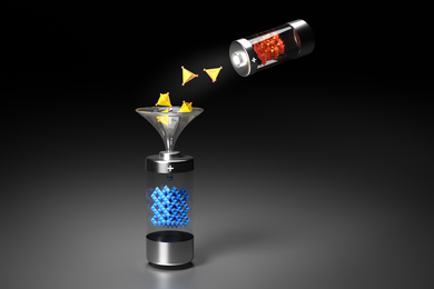 A transparnt cylinder with metal end caps contains a matrix of interconnected blue polygons. At its top, a funnel collects yellow polygons poured from another transparent cylinder containing interconnected red and yellow polygons.