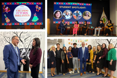 Collage of 4 photos. One shows the event logo; one shows a panel of 5 seated individuals; one shows a man talking to a woman; and one shows 11 people posing in a line