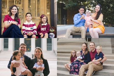 Four photos of grad students posing with various family members, including babies and toddlers