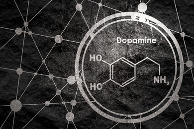 Skeletal formula of dopamine molecule on a black background