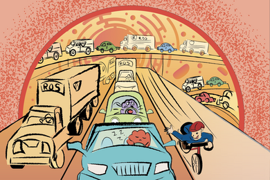 Illustration of roadways packed with traffic inside of a cell. One protein is asleep at the wheel of a car while another honks behind them. Large trucks labelled ROS fill up the roads. A biker zips past on one side.