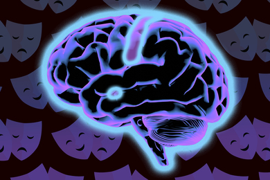 A brain with comedy/tragedy masks in background.