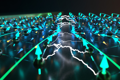 Illustration of a lattice with balls representing electrons. The balls have arrows showing magnetism, with electricity formed in between.
