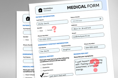 A medical information form with missing information and colorful language
