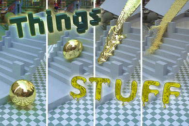 “Things” and “Stuff” text. Background has four video stills showing liquids and solids going downstairs.
