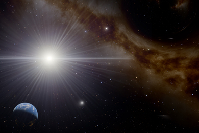 A bright light in the Milky Way, with Earth in the corner.