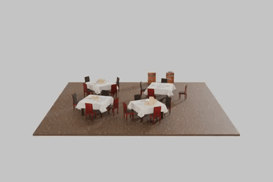 A spinning view of a 3D restaurant, including four tables bearing massive stacks of dimsum dishes, and shelves with board games and soda cans against one virtual wall.