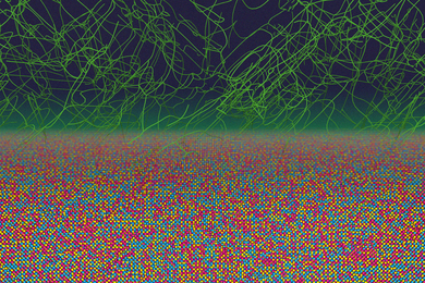 On bottom, layers of colorful molecules. On top, green energy.