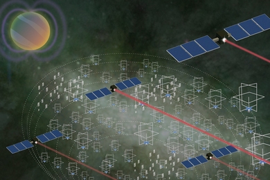 Illustration shows hundreds of small space satellites feeding data to four larger satellites, which transmit the data to a point offscreen