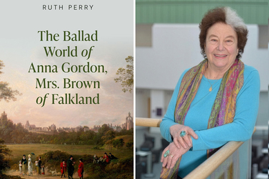 On left, the “Ballad World” book cover has a 18th-century pastoral painting and large title. On right, a portrait of Ruth Perry.