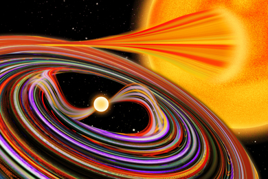 Illustration of a swirling, spinning disk surrounding a tiny white star. A stream of material from a larger star seeps into the disk.