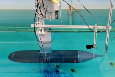 A torpedo-shaped model of a ship's hull, submerged in a test tank