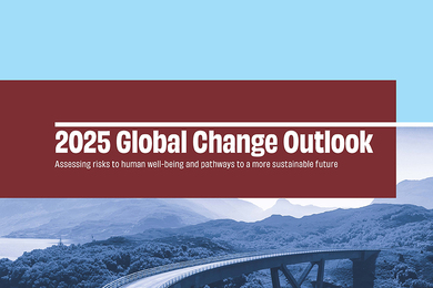 Report cover shows title, "2025 Global Change Outlook: Assessing risks to human well-being and pathways to a more sustainable future"