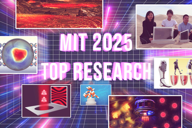Text says "MIT 2025 Top Research" with images of volcanic lava, researchers in desert with panel devices, diagram of bionic knee, lens with stylized atoms, bottle of pills, beam of red light with two atom icons in it, and the ozone layer.