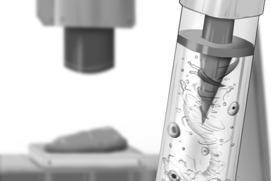 Black-and-white illustration of a propeller spinning in a MagMix device, which resembles a test tube. A benchtop characterization tool is in the background.