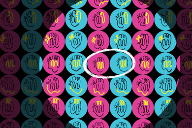 A grid of multicolored circles with a black sketch of the p53 protein inside each. Two with a particular configuration are circled.