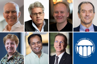 Headshots of seven MIT faculty and the National Academy of Engineering logo