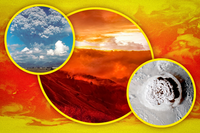 Three photos show: gigantic plume rising from ground; a vast valley on fire; and a satellite view of a giant plume arising from the ocean.