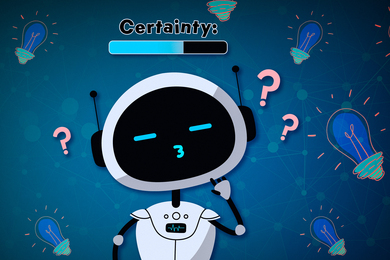 A thinking robot with a “certainty” meter overhead.