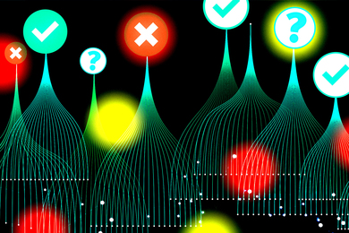 Lines forming cones are connected to check marks, question marks, and "x" icons.