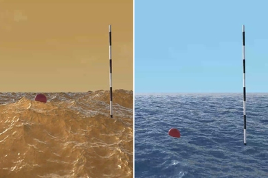 Two renderings show waves on Earth, right, and Titan with a floating ball and measuring stick in the water. Titan has huge waves while Earth has gentle waves.