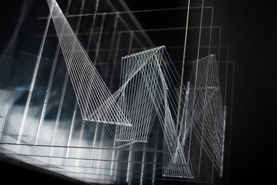 A layered sculpture resembling zig-zag patterns and geometric shapes