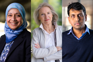Portrait photos of Afreen Siddiqi, Kathleen Thelen, and Vinod Vaikuntanathan