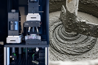 Side-by-side photos showing a confocal Raman microscope and a close-up of gray cement paste being mixed