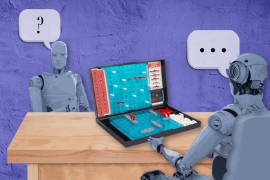Illustrationi of two humanoid robots playing a game of "Collaborative Battleship” on a table
