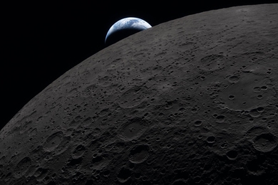 Earth sets behind the moon as seen from the Artemis II Orion spacecraft.