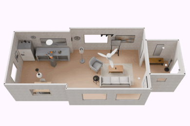 Animation of a robot, in the form of an arm on a wheeled box, working in a kitchen, seen from above