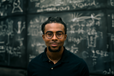 Nathaniel Morgan stands before a blurred blackboard with chalked diagrams and notes.