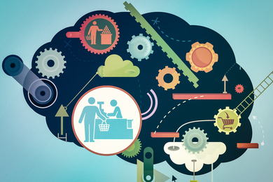A brain is made of gears, clouds, and grocery shopping icons.