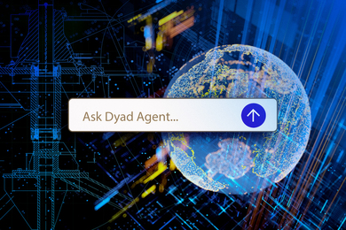 A text box says, “Ask Dyad Agent…” with a stylized globe and blueprint in background.