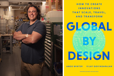 At left Amos Winter poses in a lab; at right, the cover of his book, "Global By Design"