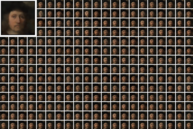 At top left, a painted portrait of a man's face. More than 200 extremely similar images are shown in a grid next to the larger one.