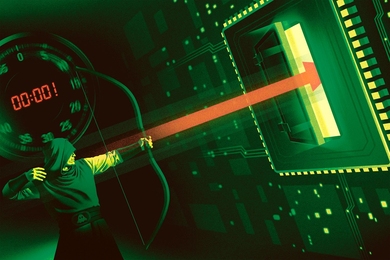 A hooded comic-book archer shoots an arrow into an opening in a computer chip as a timer shows 1 millisecond