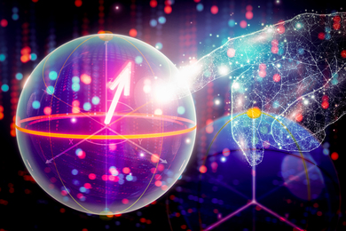 A techno hand touches a spherical qubit in futuristic space.