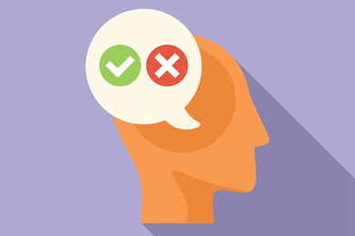 Stylized cartoon head in profile has a speech bubble that includes a green checkmark and a red X