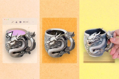 At left, a cursor appears on the lid of a mug featuring a dragon. At center, the mug lid has disappeared. At right, a hand holds a printed version of the mug.