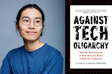 JS Tan headshot, next to the cover of his book, "Against Tech Oligarchy: Worker Resistance in the World’s Most Powerful Industry"
